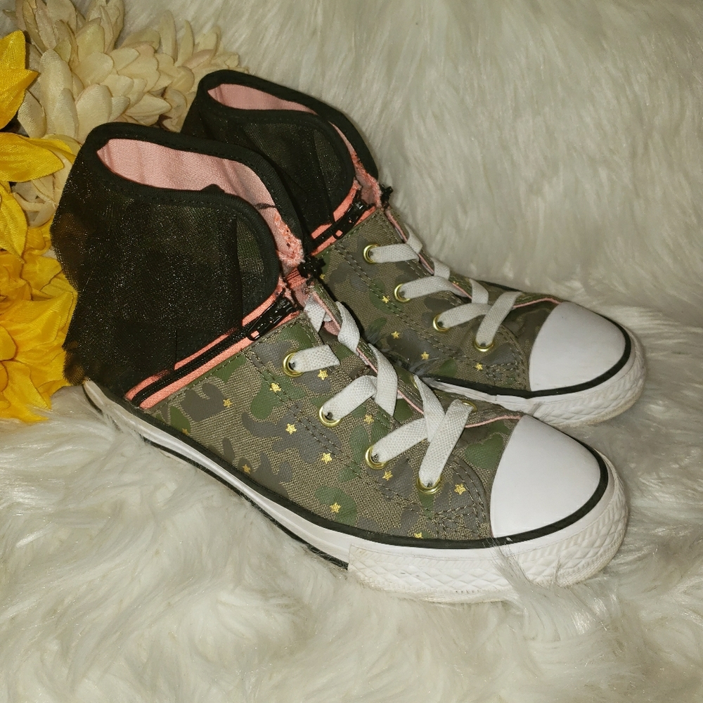 Girl's Army Fatigue Converse Size 2 with Ruffles